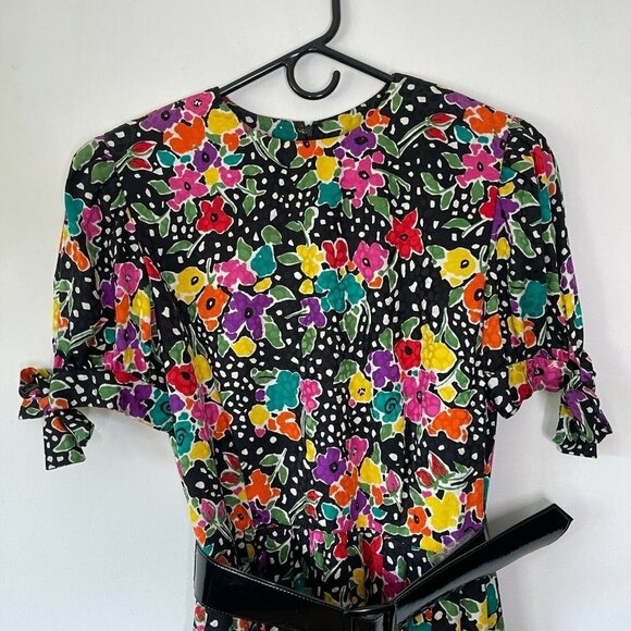 Oscar de la Renta Size 12 Silk Floral Pleated Midi Dress Belt Polka Dot Vintage - Picture 10 of 12